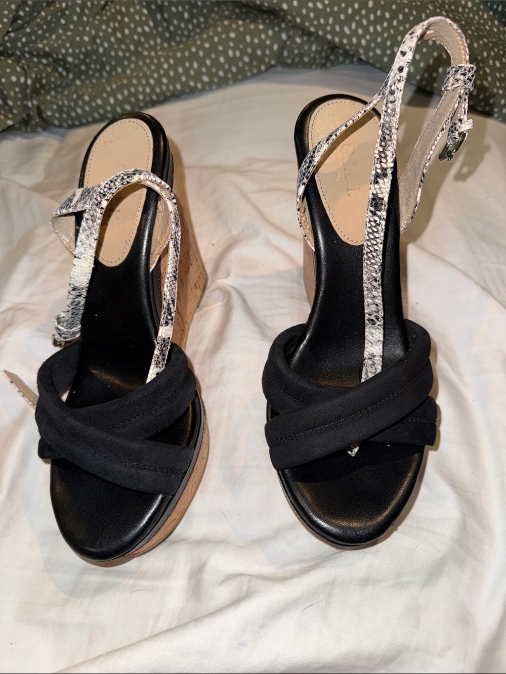 G.I.L.I. Black Knotted Wedge Sandals with Snakeskin Sling